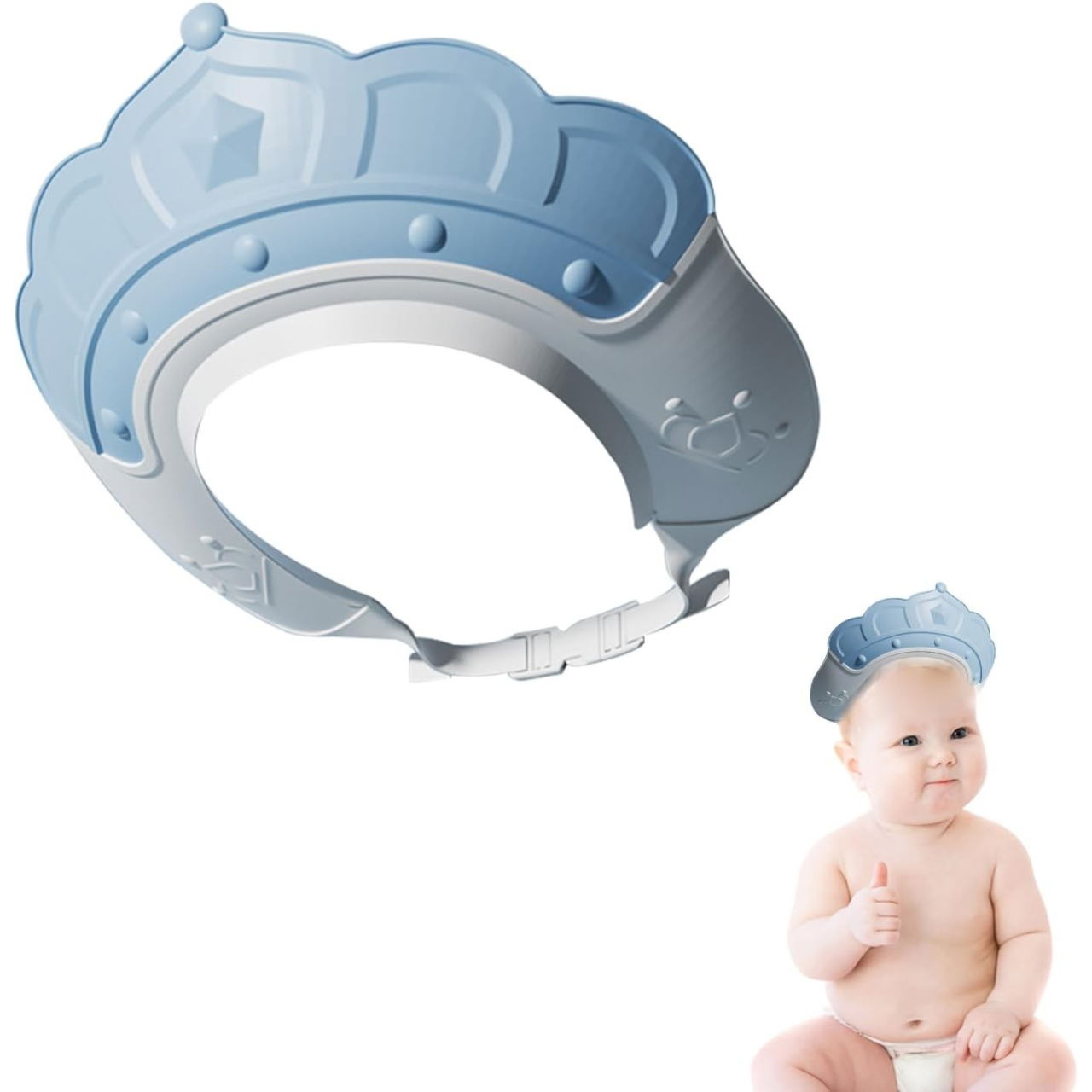 Casca de Dus, Flippy, Previne Scurgerea Apei si Samponului pe Fata, 0-12 Ani, Ajustabila, din TPE+PP, 20 x 23 cm, Model Coroana, Albastru [3]