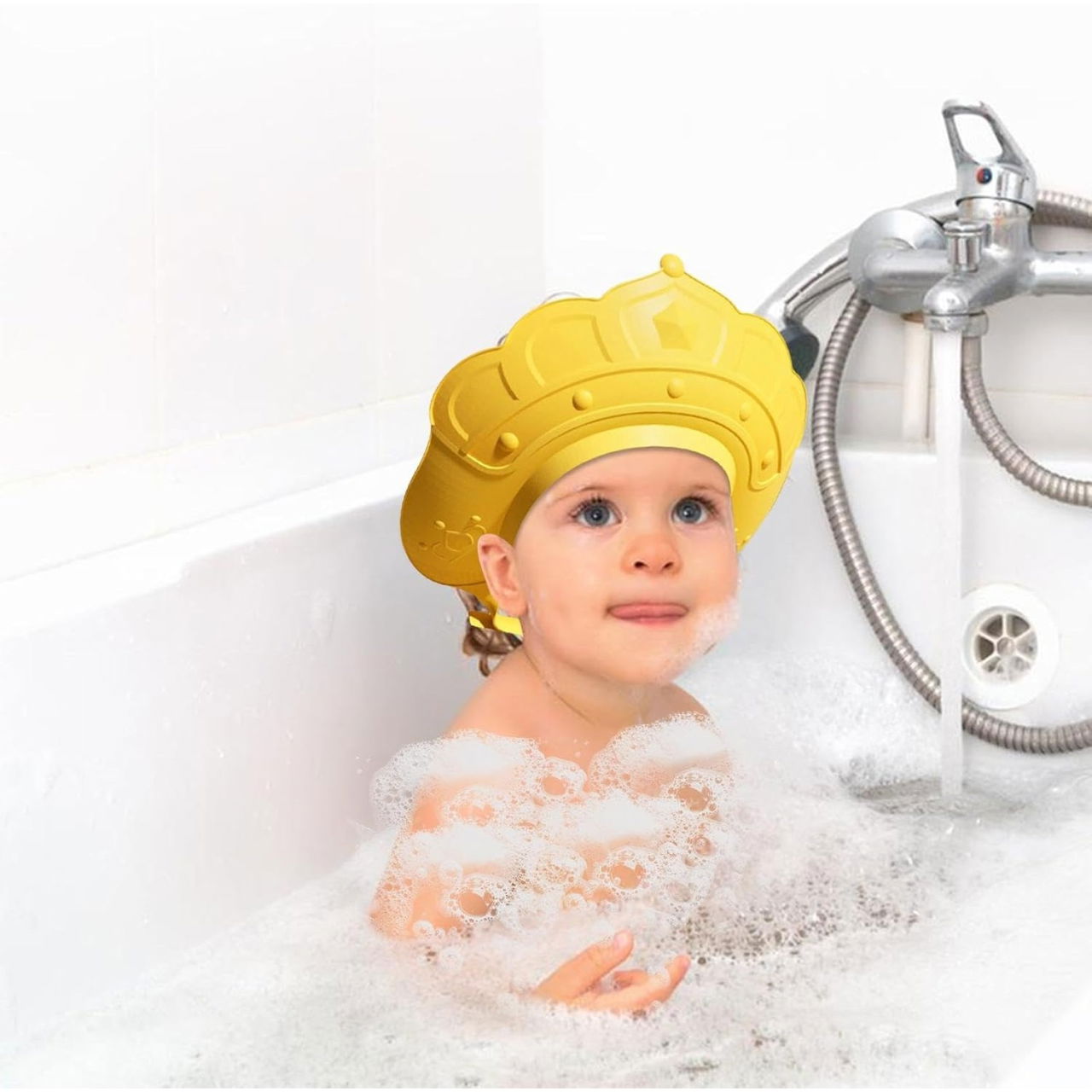 Casca de Dus, Flippy, Previne Scurgerea Apei si Samponului pe Fata, 0-12 Ani, Ajustabila, din TPE+PP, 20 x 23 cm, Model Coroana, Galben [5]