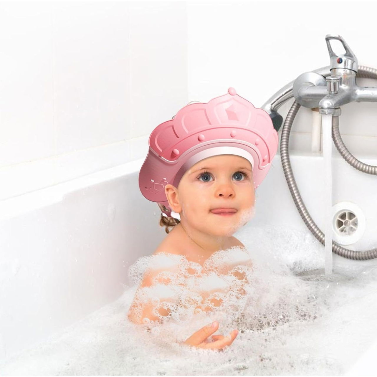 Casca de Dus, Flippy, Previne Scurgerea Apei si Samponului pe Fata, 0-12 Ani, Ajustabila, din TPE+PP, 20 x 23 cm, Model Coroana, Roz [2]