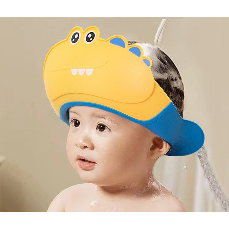 Casca de Dus, Flippy, Previne Scurgerea Apei si Samponului pe Fata, 0-12 Ani, Ajustabila, din TPE+PP, 20 x 23 cm, Model Crocodil, Galben/Albastru [4]