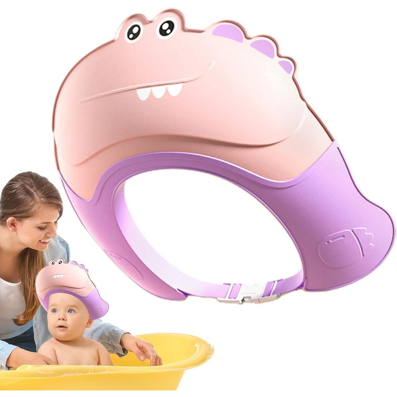 Casca de Dus, Flippy, Previne Scurgerea Apei si Samponului pe Fata, 0-12 Ani, Ajustabila, din TPE+PP, 20 x 23 cm, Model Crocodil, Roz/Mov [5]