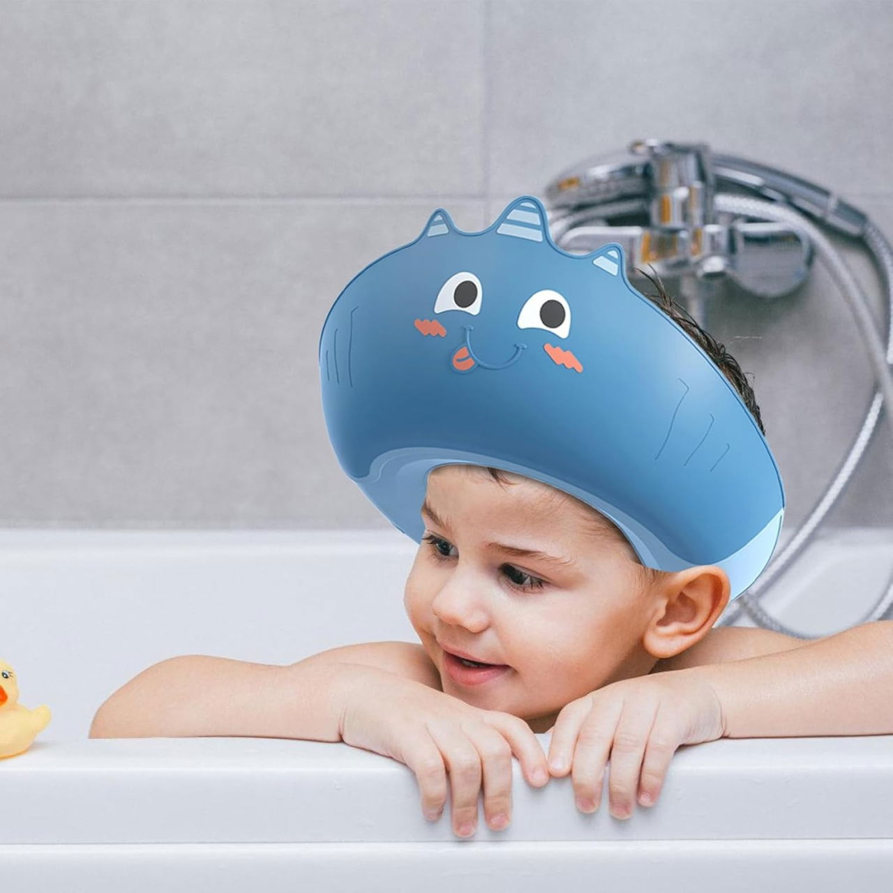 Casca de Dus, Flippy, Previne Scurgerea Apei si Samponului pe Fata, 0-12 Ani, Ajustabila, din TPE+PP, 20 x 23 cm, Model Unicorn, Albastru [3]