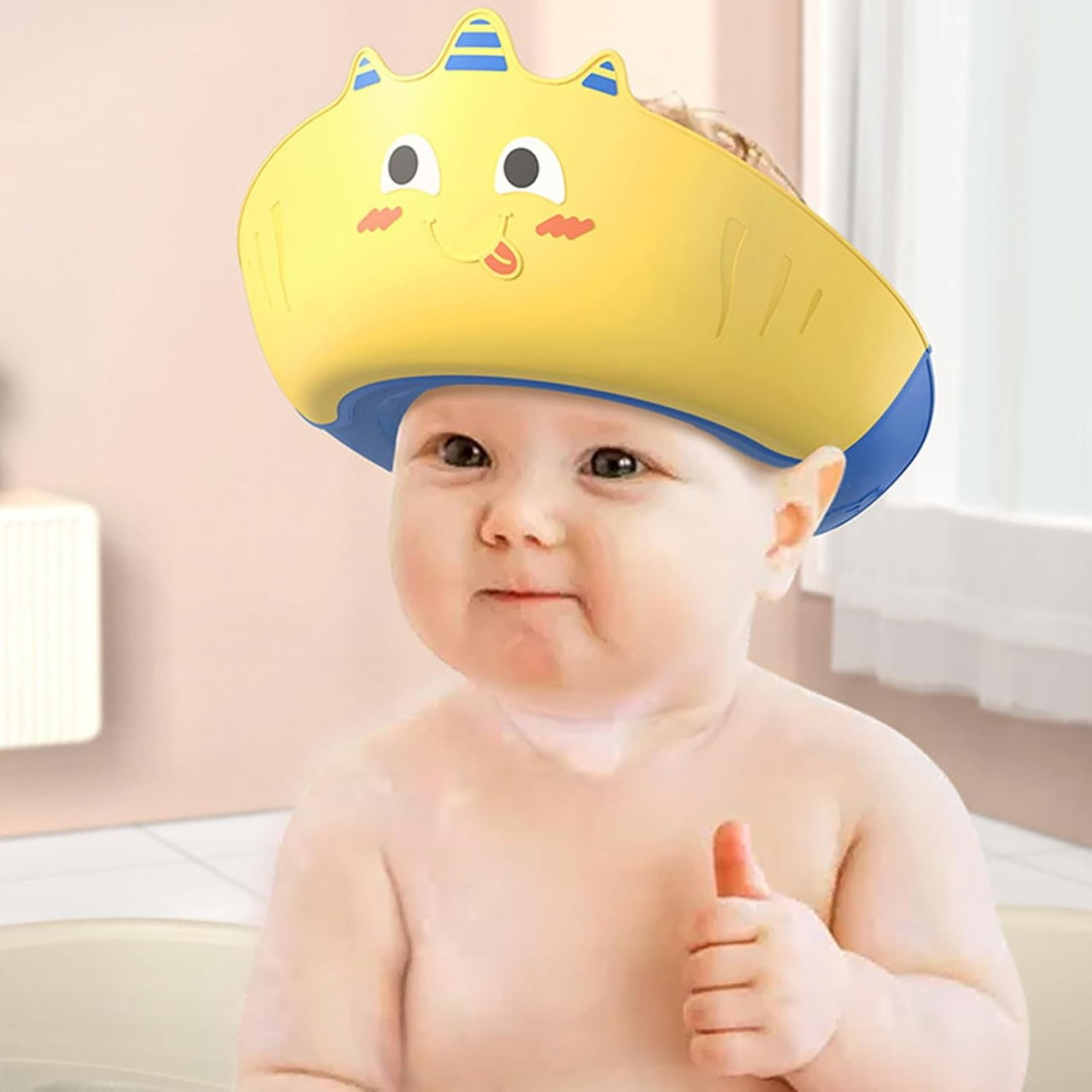 Casca de Dus, Flippy, Previne Scurgerea Apei si Samponului pe Fata, 0-12 Ani, Ajustabila, din TPE+PP, 20 x 23 cm, Model Unicorn, Galben/Albastru [4]