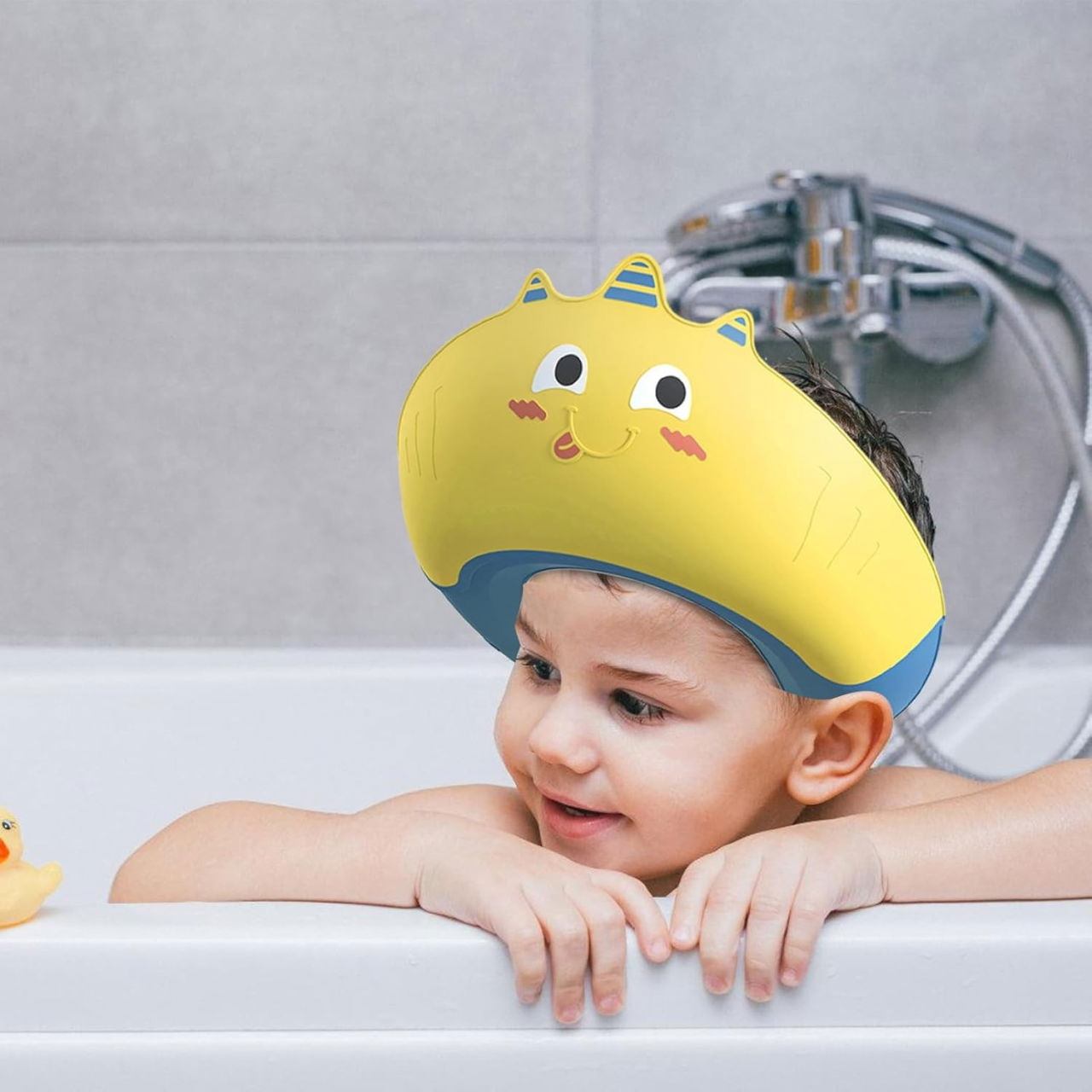 Casca de Dus, Flippy, Previne Scurgerea Apei si Samponului pe Fata, 0-12 Ani, Ajustabila, din TPE+PP, 20 x 23 cm, Model Unicorn, Galben/Albastru [3]