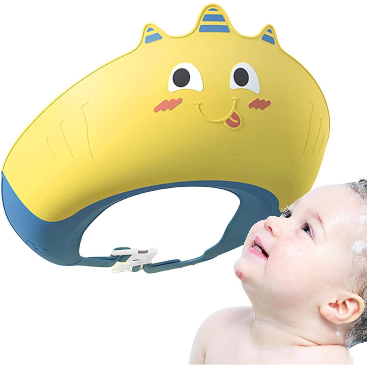 Casca de Dus, Flippy, Previne Scurgerea Apei si Samponului pe Fata, 0-12 Ani, Ajustabila, din TPE+PP, 20 x 23 cm, Model Unicorn, Galben/Albastru [5]