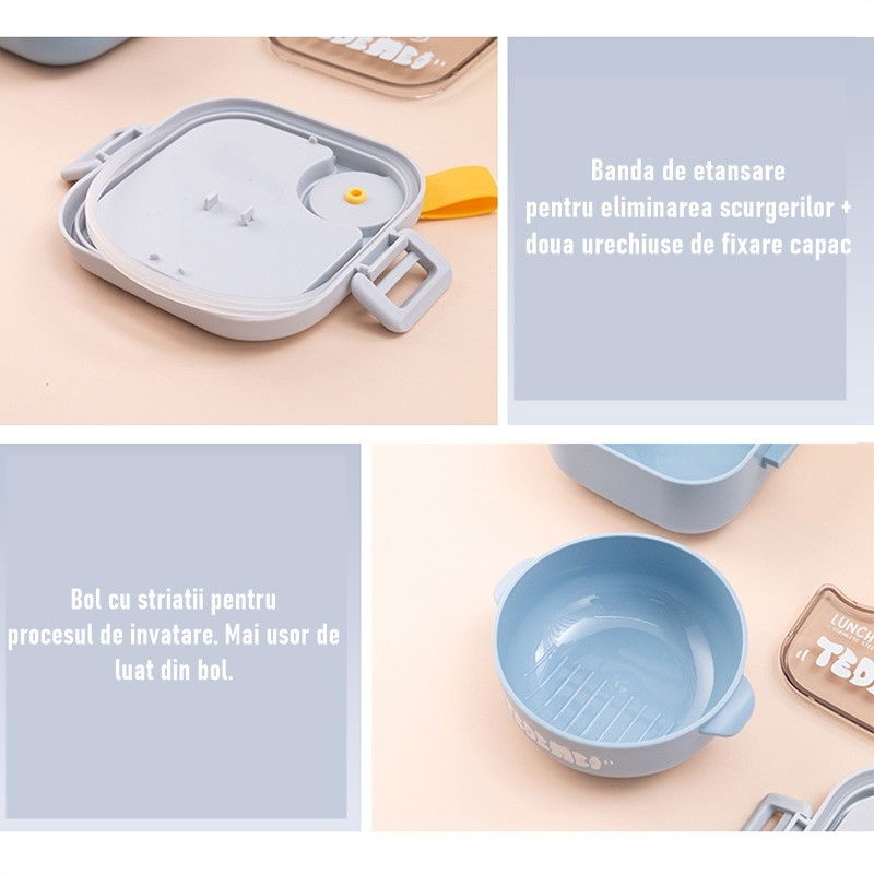 Caserola pentru copii Flippy, lunch box, 750 ml, doua boluri, lingura, foarfeca din plastic, rezistenta la scurgeri, Albastra [6]