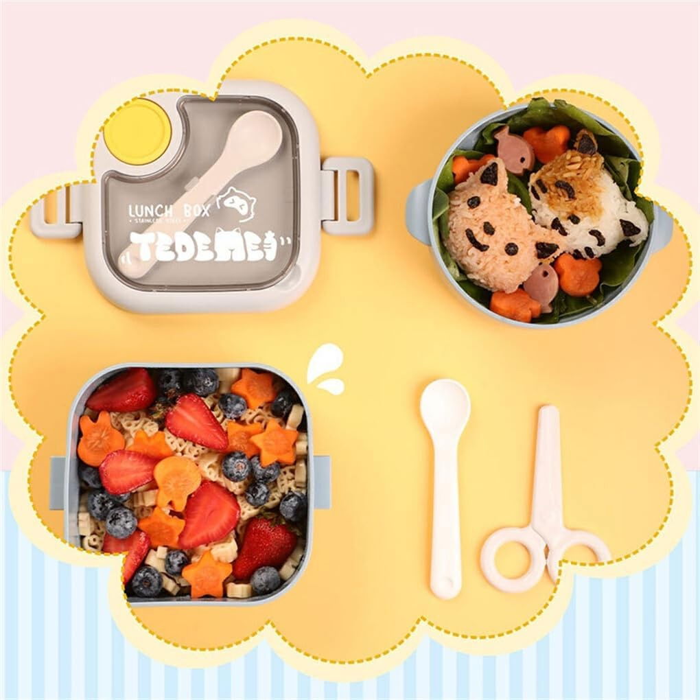 Caserola pentru copii Flippy, lunch box, 750 ml, doua boluri, lingura, foarfeca din plastic, rezistenta la scurgeri, Albastra [8]