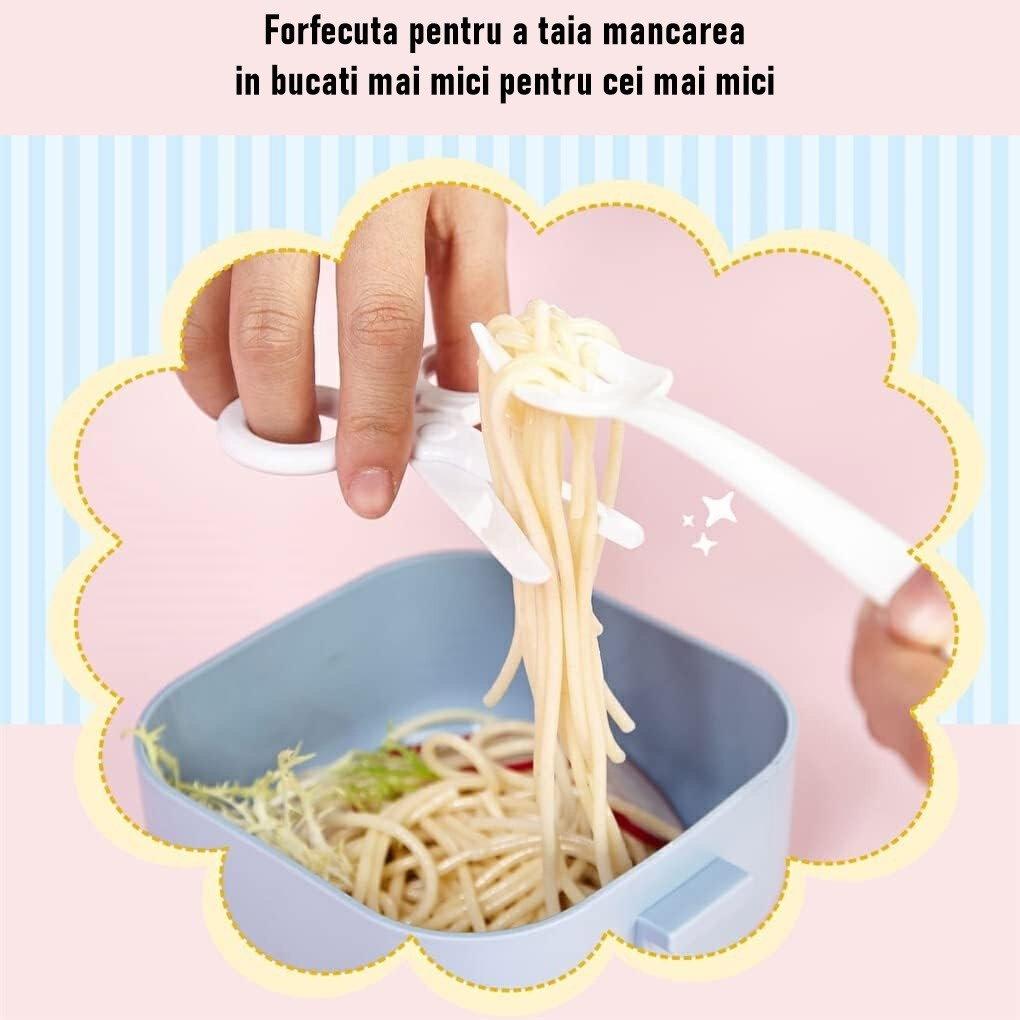 Caserola pentru copii Flippy, lunch box, 750 ml, doua boluri, lingura, foarfeca din plastic, rezistenta la scurgeri, Albastra [5]