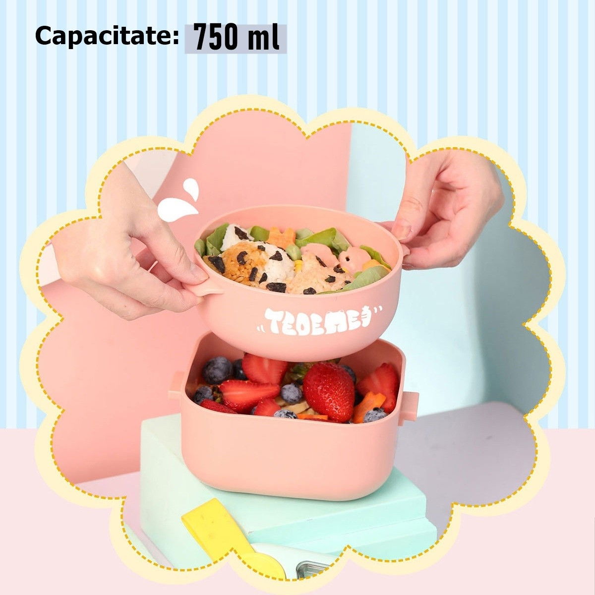 Caserola pentru copii Flippy, lunch box, 750 ml, doua boluri, lingura, foarfeca din plastic, rezistenta la scurgeri, Roz [12]