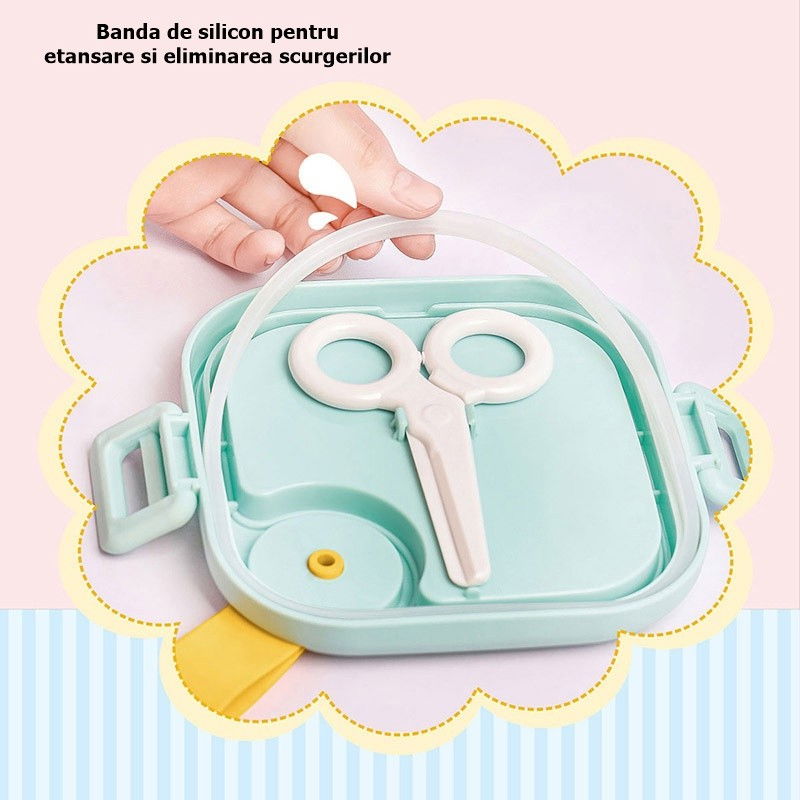 Caserola pentru copii Flippy, lunch box, 750 ml, doua boluri, lingura, foarfeca din plastic, rezistenta la scurgeri, Roz [2]