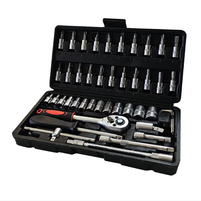 Chei tubulare Set 46 de Piese, Flippy, Trusa Scule de Reparatii Auto, Prelungitoare Rigid si Flexibil, Articulatie Cardanica, Antrenor de Forta Glisant, Adaptoare, Maner pentru Surubelnita, 23 x 12 x  [5]