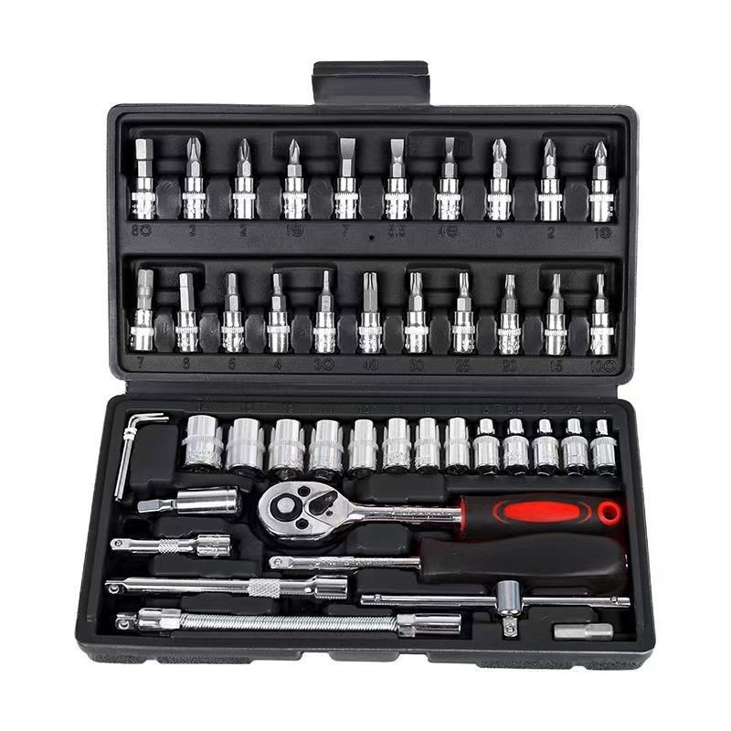 Chei tubulare Set 46 de Piese, Flippy, Trusa Scule de Reparatii Auto, Prelungitoare Rigid si Flexibil, Articulatie Cardanica, Antrenor de Forta Glisant, Adaptoare, Maner pentru Surubelnita, 23 x 12 x  [1]