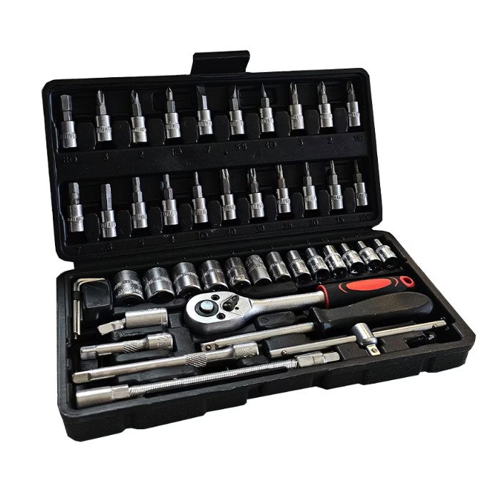 Chei tubulare Set 46 de Piese, Flippy, Trusa Scule de Reparatii Auto, Prelungitoare Rigid si Flexibil, Articulatie Cardanica, Antrenor de Forta Glisant, Adaptoare, Maner pentru Surubelnita, 23 x 12 x  [4]