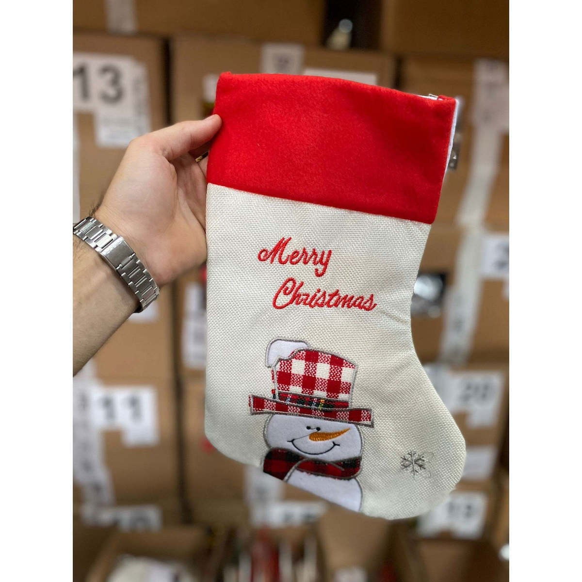 Ciorap Cadouri, Culoare Alba, Imprimeu Om de Zapada, Marimea 15x30 cm, Flippy [5]