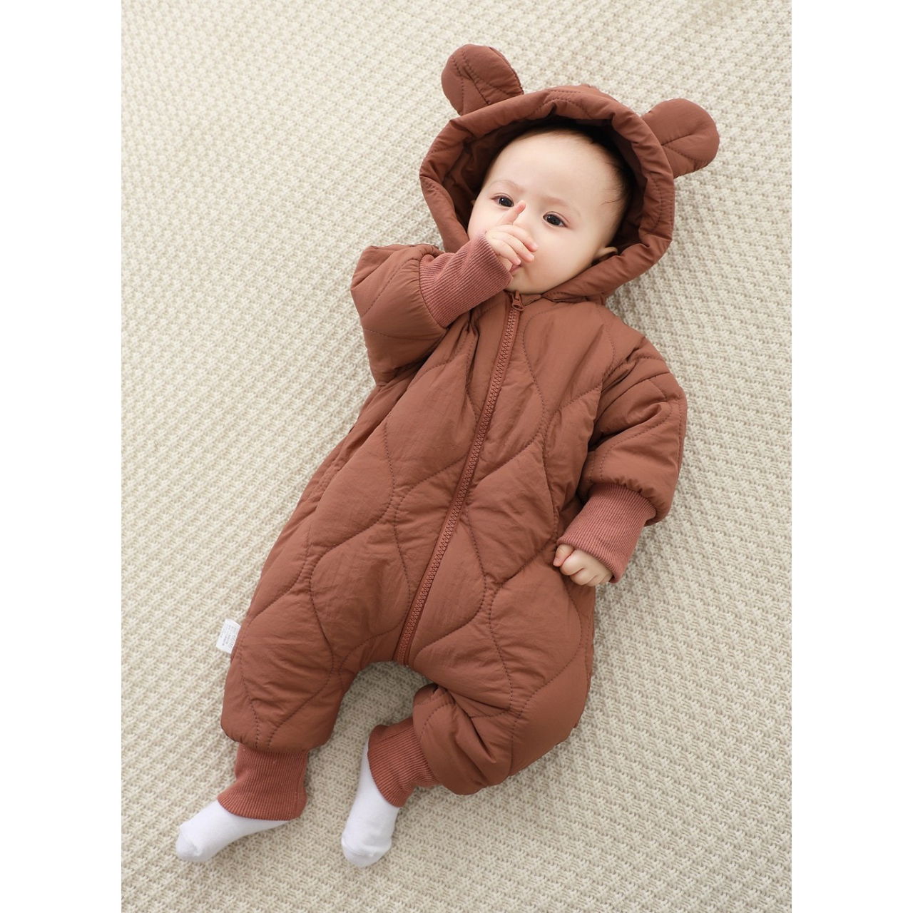 Combinezon de Iarna, Flippy, pentru Bebelusi, din Bumbac, cu Urechi, Mansete Elastice, Unisex, 66 cm, Visiniu [3]