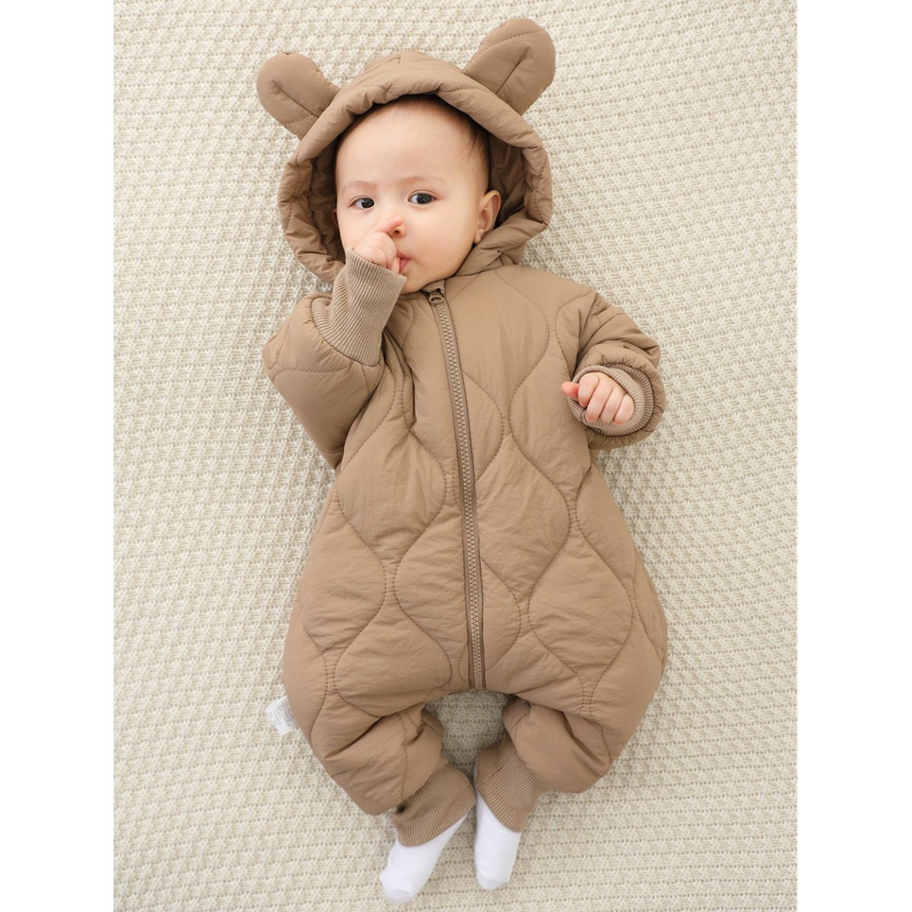 Combinezon de Iarna, Flippy, pentru Bebelusi, din Bumbac, cu Urechi, Mansete Elastice, Unisex, 73 cm, Maro [3]