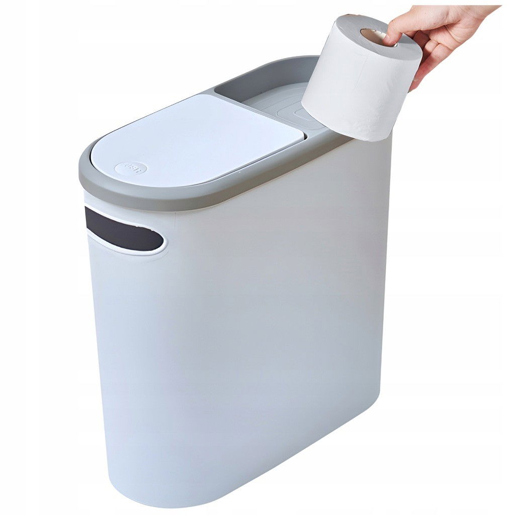 Cos de Gunoi, Flippy, din Plastic, Capac cu Ridicare Automata, Maner si Compartiment Depozitare, 31.5 x 14 x 30 cm, Alb/Gri [1]