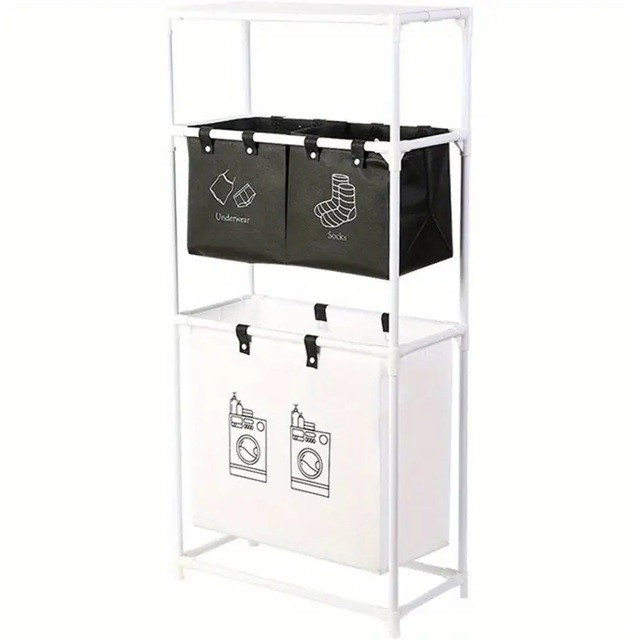 Cos de Rufe, Flippy, 3 Rafturi, 3 Cosuri, Cadru de Otel Inoxidabil, 123x28x57 cm, Alb [1]