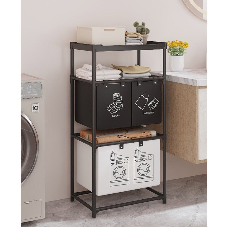 Cos de Rufe, Flippy, 3 Rafturi, 3 Cosuri, Cadru de Otel Inoxidabil, 123x28x57 cm, Negru [6]