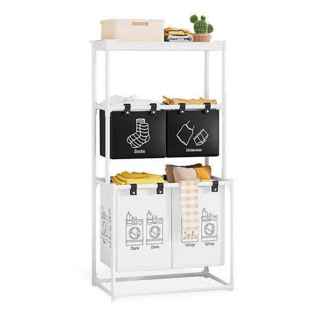 Cos de Rufe, Flippy, 3 Rafturi, 4 Cosuri, Cadru de Otel Inoxidabil, 123x28x57 cm, 123x44x57 cm, Alb [1]