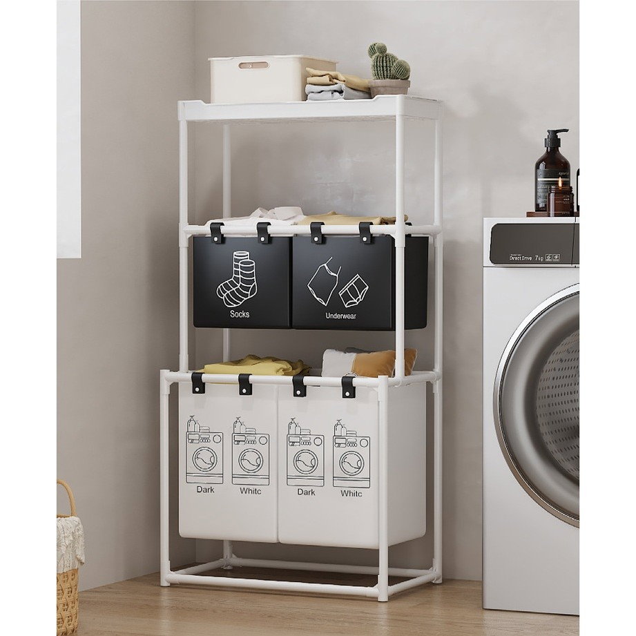 Cos de Rufe, Flippy, 3 Rafturi, 4 Cosuri, Cadru de Otel Inoxidabil, 123x28x57 cm, 123x44x57 cm, Alb [5]