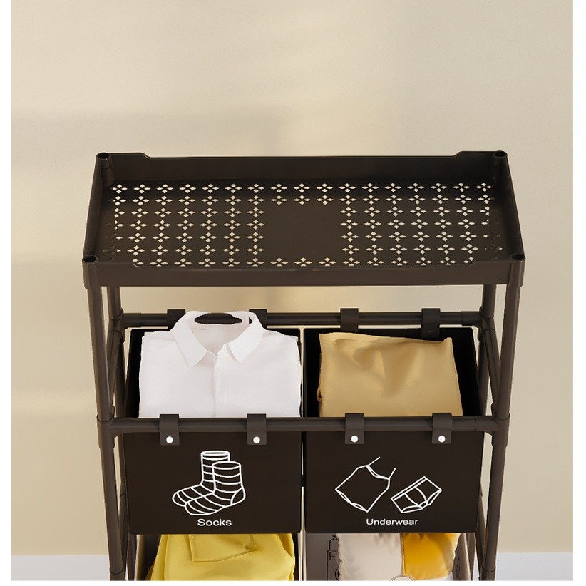 Cos de Rufe, Flippy, 3 Rafturi, 4 Cosuri, Cadru de Otel Inoxidabil, 123x44x57 cm, Negru [5]