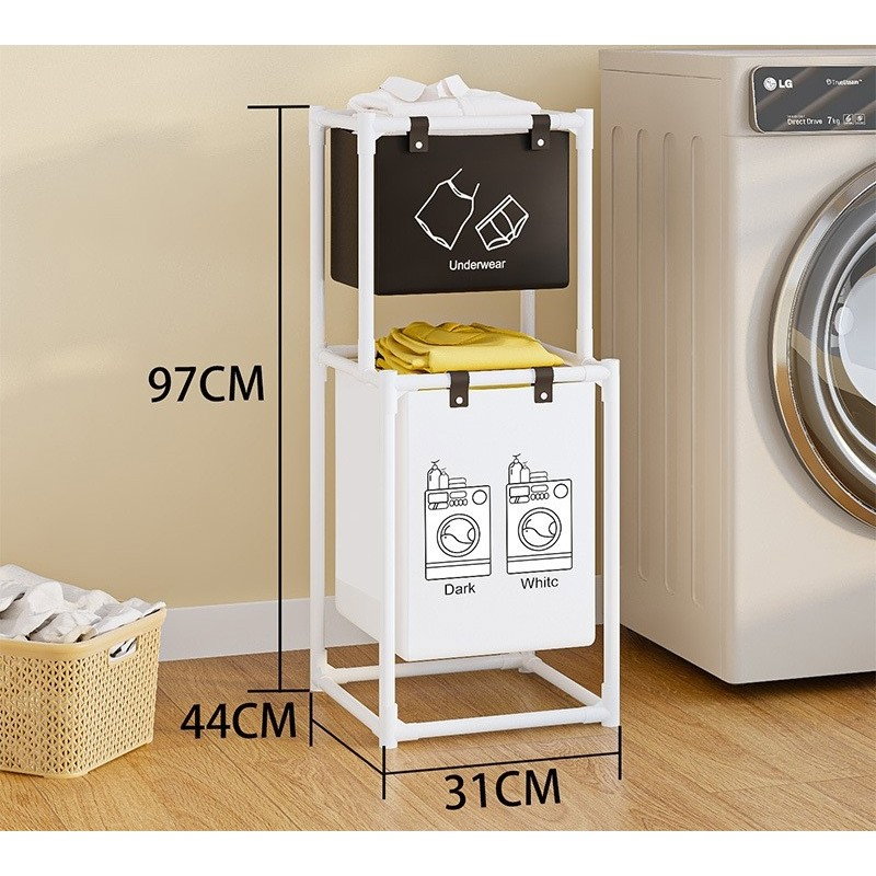 Cos de Rufe, Flippy, cu 2 Etaje, 2 Cosuri, Cadru de Otel Inoxidabil, 97x44x31 cm, Alb [6]