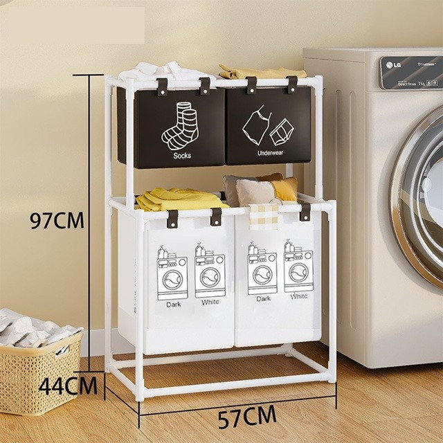 Cos de Rufe, Flippy, cu 2 Etaje, 4 Cosuri, Cadru de Otel Inoxidabil, 97x44x57 cm, Alb [7]