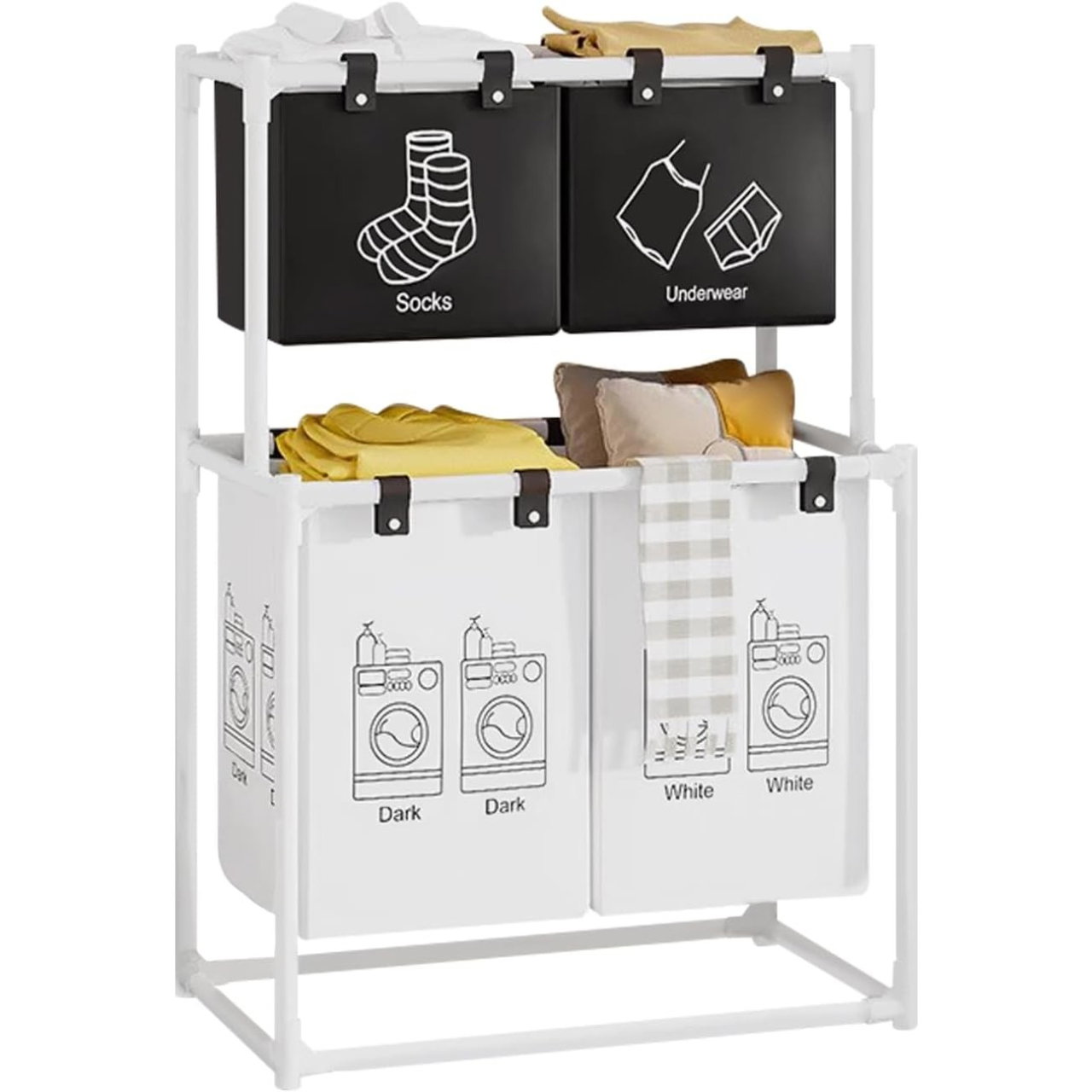 Cos de Rufe, Flippy, cu 2 Etaje, 4 Cosuri, Cadru de Otel Inoxidabil, 97x44x57 cm, Alb [5]