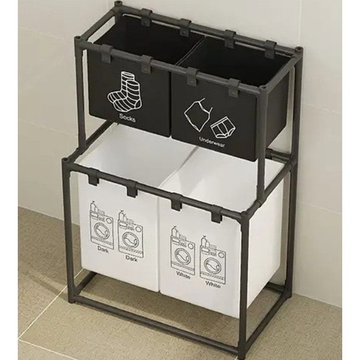 Cos de Rufe, Flippy, cu 2 Etaje, 4 Cosuri, Cadru de Otel Inoxidabil, 97x44x57 cm, Negru [4]