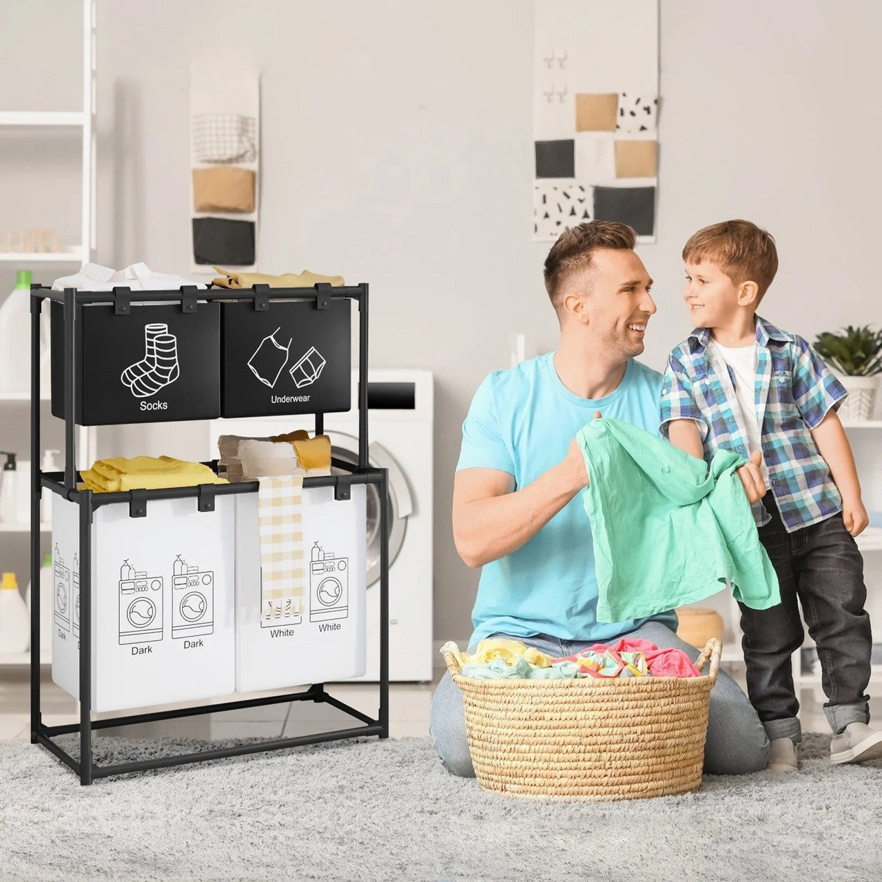 Cos de Rufe, Flippy, cu 2 Etaje, 4 Cosuri, Cadru de Otel Inoxidabil, 97x44x57 cm, Negru [2]