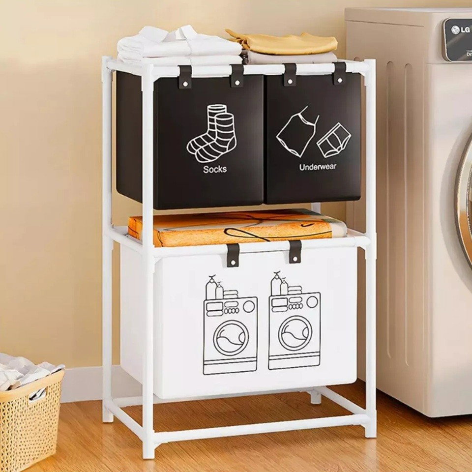 Cos de Rufe, Flippy, cu 2 Etaje, Flippy, 3 Cosuri, Cadru de Otel Inoxidabil, 97x28x57 cm, Alb [2]