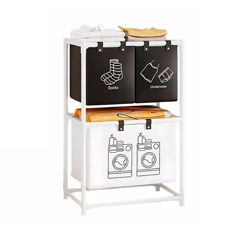 Cos de Rufe, Flippy, cu 2 Etaje, Flippy, 3 Cosuri, Cadru de Otel Inoxidabil, 97x28x57 cm, Alb [1]