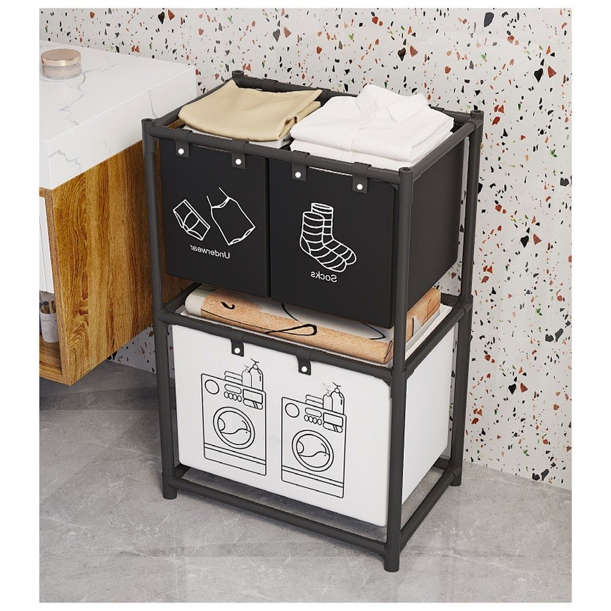 Cos de Rufe, Flippy, cu 2 Etaje, Flippy, 3 Cosuri, Cadru de Otel Inoxidabil, 97x28x57 cm, Negru [6]