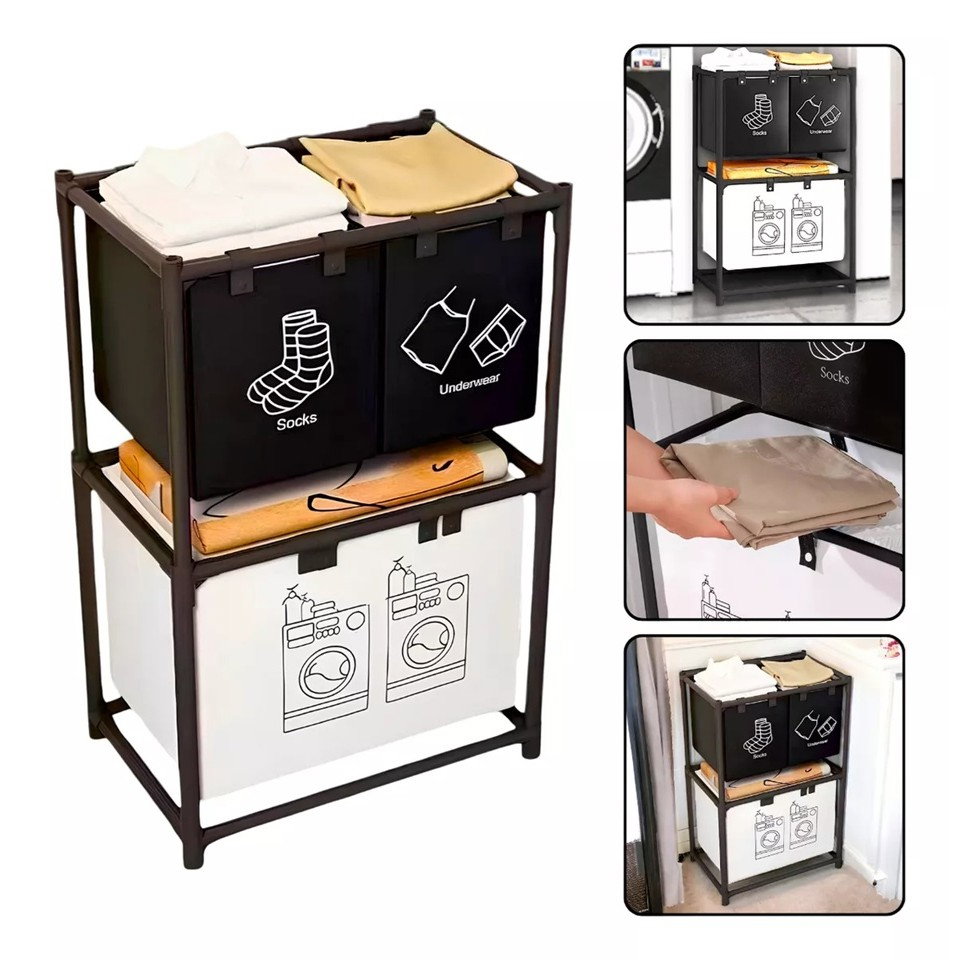 Cos de Rufe, Flippy, cu 2 Etaje, Flippy, 3 Cosuri, Cadru de Otel Inoxidabil, 97x28x57 cm, Negru [5]