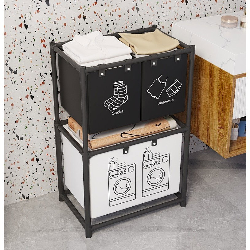 Cos de Rufe, Flippy, cu 2 Etaje, Flippy, 3 Cosuri, Cadru de Otel Inoxidabil, 97x28x57 cm, Negru [7]