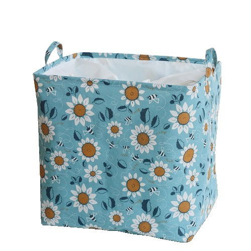 Cos depozitare, Flippy, Capac cu Snur, 175 L, Confectionat din Bumbac si un Strat Impermeabil, 50 x 50 x 70 cm, Albastru Deschis, Imprimeu Flori [2]