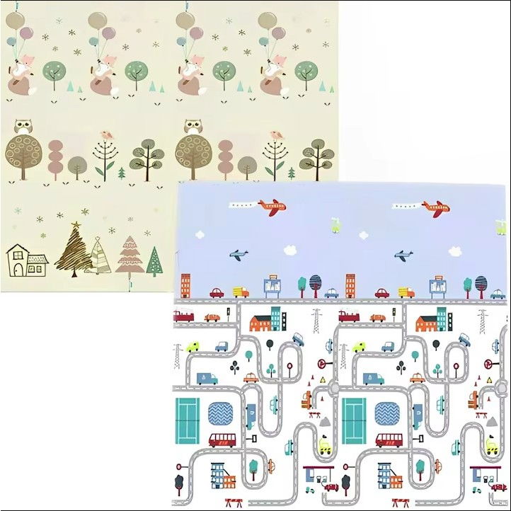 Covoras de Joaca pentru Copii Termic cu 2 Fete, Flippy, Model Vulpi si Pista de Masini, cu Spuma, Impermeabil, Antiderapant, 200cm x 160cm x 0.6cm [2]