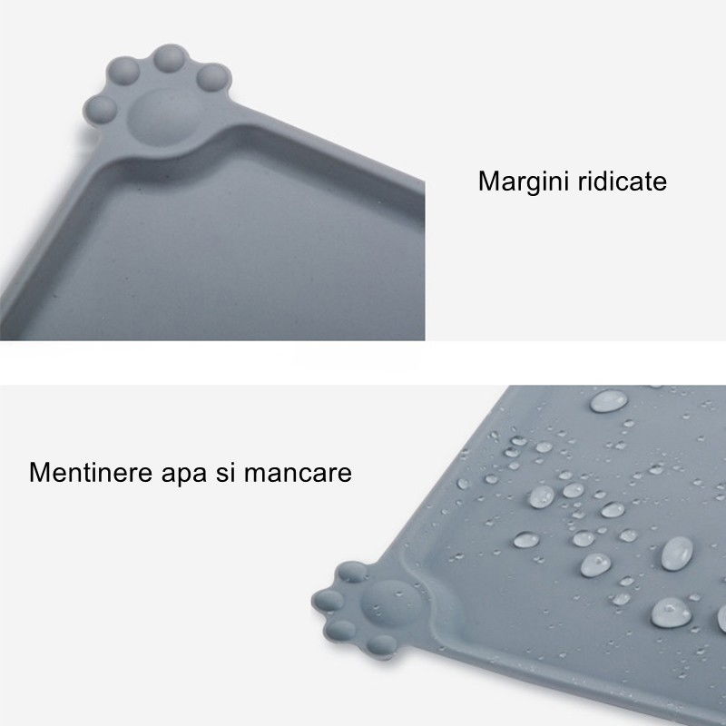 Covoras din silicon pentru animale Flippy, pentru bol de apa si mancare, antiderapant, margini ridicate pentru a mentine apa, 48.5x30 cm, Gri [3]