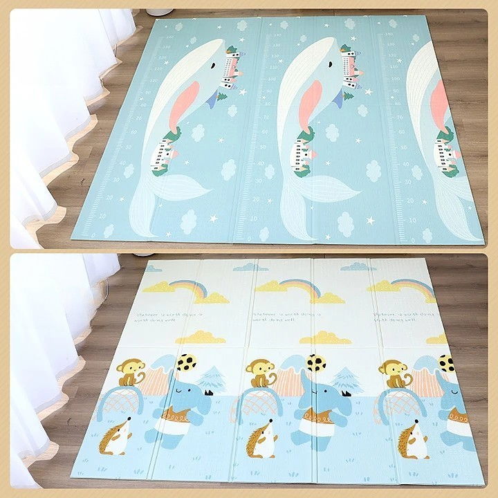 Covoras pentru Copii, Flippy, cu 2 Fete, Model Balene/Iepurasi, din XPE+PE, Impermeabil, Antiderapant, Protectie Termica, +3 Luni, Pliabil, 150 x 200 x 1.5 cm, Multicolor [4]