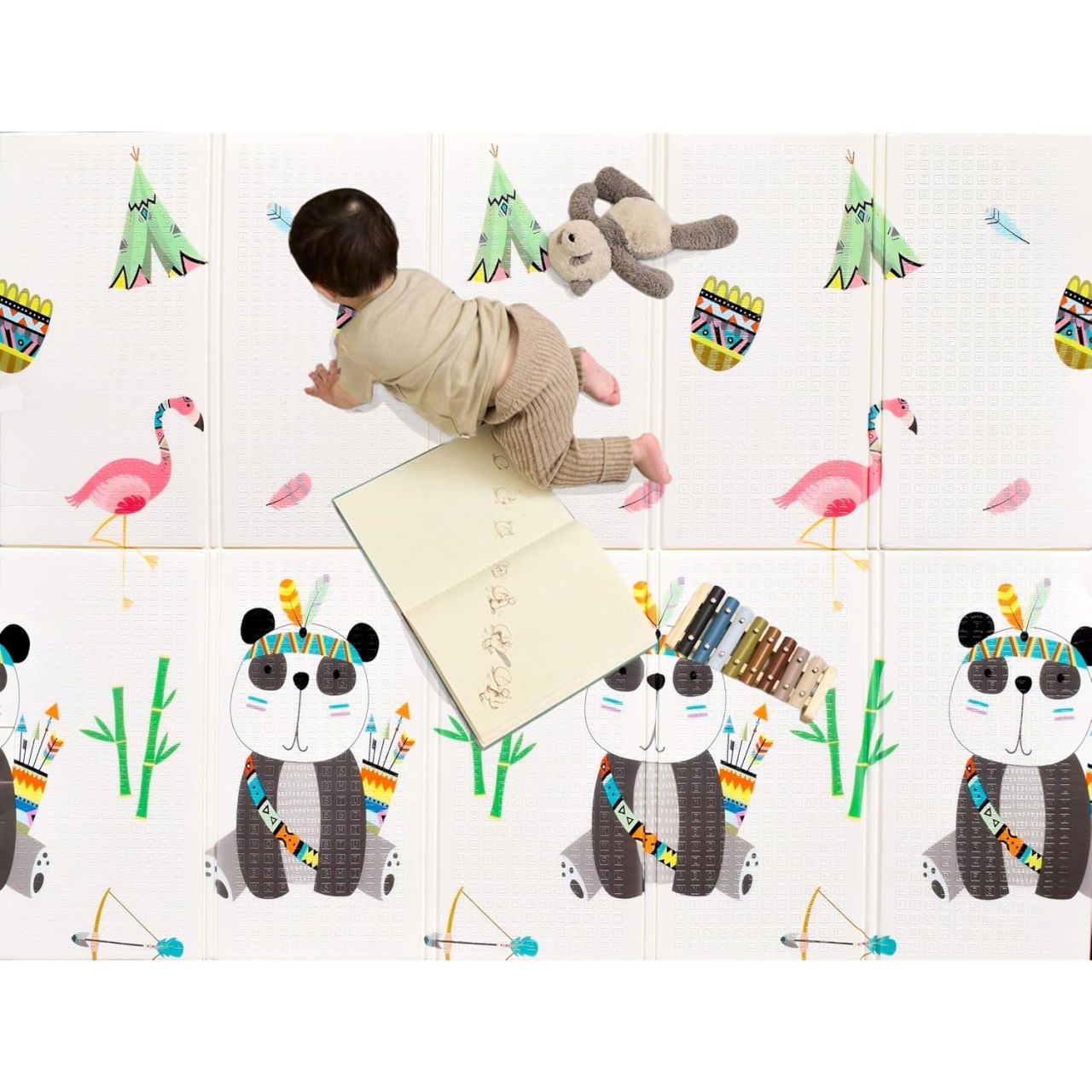 Covoras pentru Copii, Flippy, cu 2 Fete, Model Caprioare/Panda, din XPE+PE, Impermeabil, Antiderapant, Protectie Termica, +3 Luni, Pliabil, 150 x 200 x 1 cm, Multicolor [3]