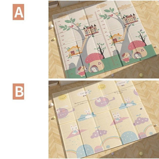 Covoras pentru Copii, Flippy, cu 2 Fete, Model Casute in Copaci/Iepurasi, din XPE+PE, Impermeabil, Antiderapant, Protectie Termica, +3 Luni, Pliabil, 150 x 200 x 1.5 cm, Multicolor [3]