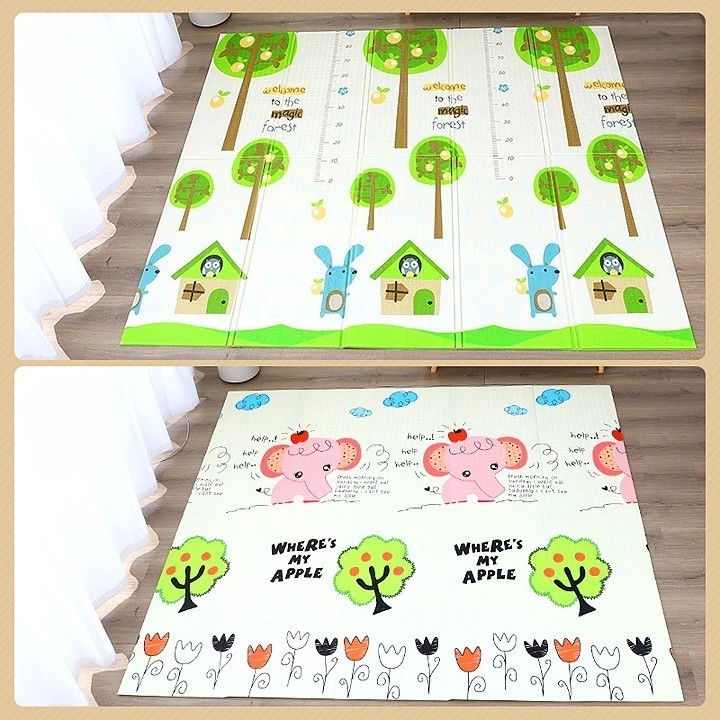 Covoras pentru Copii, Flippy, cu 2 Fete, Model Elefantei/Padure, din XPE+PE, Impermeabil, Antiderapant, Protectie Termica, +3 Luni, Pliabil, 150 x 200 x 1.5 cm, Multicolor [5]