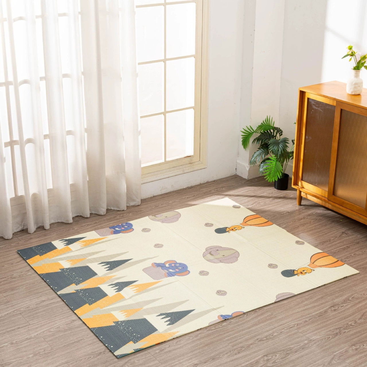 Covoras pentru Copii, Flippy, cu 2 Fete, Model Padure/Elefanti, din XPE+PE, Impermeabil, Antiderapant, Protectie Termica, +3 Luni, Pliabil, 150 x 200 x 1.5 cm, Multicolor [4]