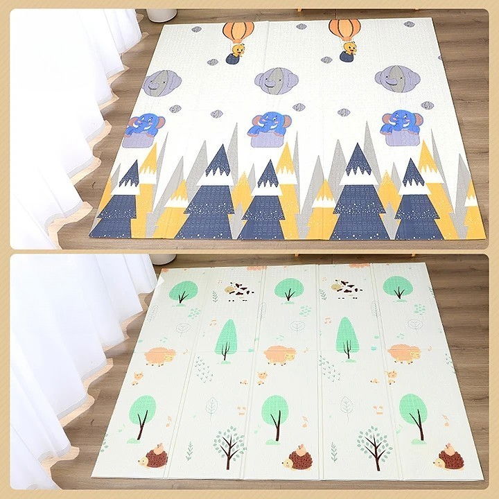 Covoras pentru Copii, Flippy, cu 2 Fete, Model Padure/Elefanti, din XPE+PE, Impermeabil, Antiderapant, Protectie Termica, +3 Luni, Pliabil, 180 x 200 x 1.5 cm, Multicolor [5]