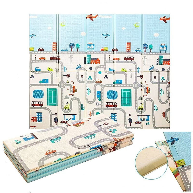 Covoras pentru Copii, Flippy, cu 2 Fete, Model Trafic/Girafe, din XPE+PE, Impermeabil, Antiderapant, Protectie Termica, +3 Luni, Pliabil, 180 x 200 x 1 cm, Multicolor [1]