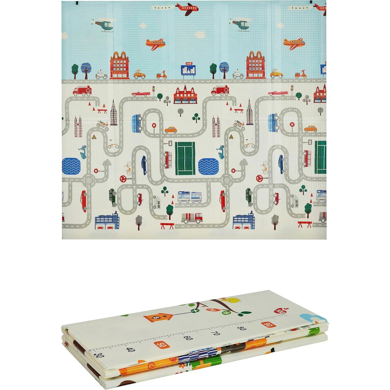 Covoras pentru Copii, Flippy, cu 2 Fete, Model Trafic/Girafe, din XPE+PE, Impermeabil, Antiderapant, Protectie Termica, +3 Luni, Pliabil, 180 x 200 x 1 cm, Multicolor [4]