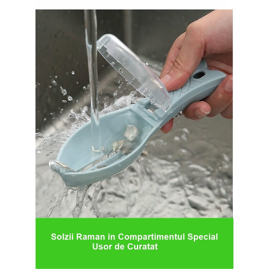 Curatator Manual Solzi de Peste, Flippy, Forma Peste , Recipient cu Capcac pentru Solzi, Plastic, Albastru deschis, 16x6 cm [3]