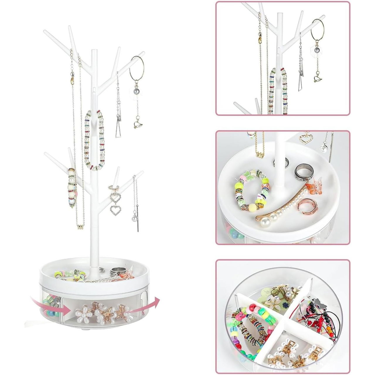 Cutie de Bijuterii, Flippy, Rotativa, cu Suport Tip Ramura, 36.5 x 14 cm, din ABS+PP, Alb [7]