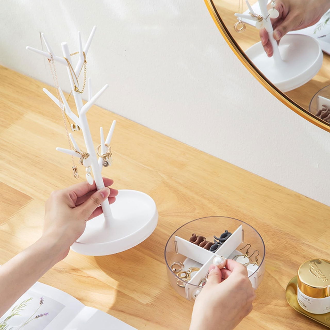 Cutie de Bijuterii, Flippy, Rotativa, cu Suport Tip Ramura, 36.5 x 14 cm, din ABS+PP, Alb [4]